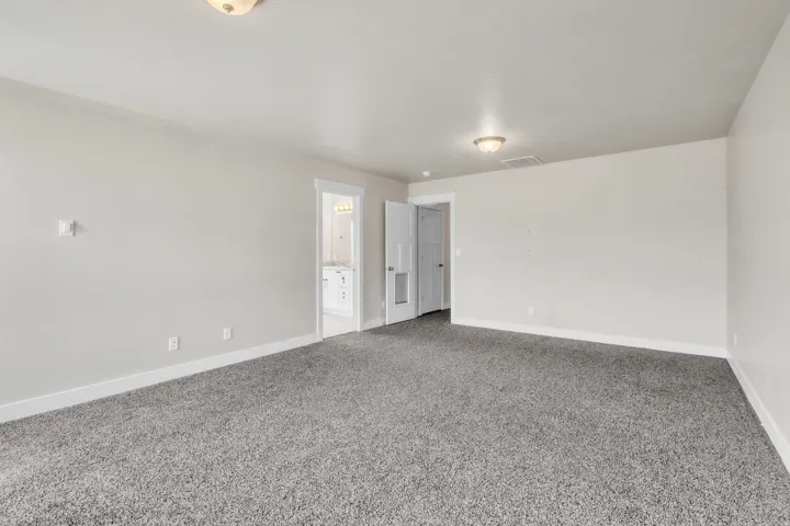 Spacious room featuring neutral grey carpet, light-colored walls, and white trim