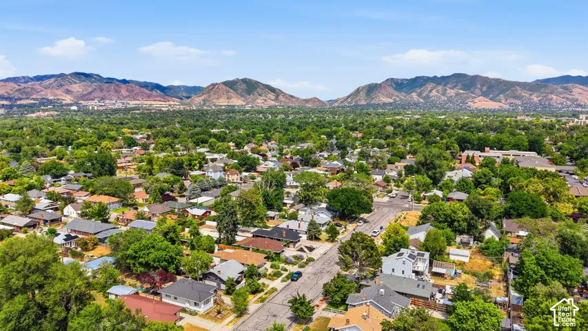 Expansive aerial perspective showcasing a residential neighborhood with abundant mature trees and distant mountain ranges