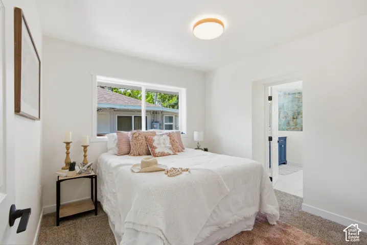Bedroom featuring a white ceiling and walls, neutral carpet, and a window providing exterior light