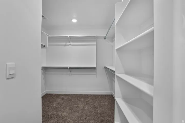 Walk-in closet featuring built-in shelving, chrome hanging rods, recessed ceiling lighting, and carpet flooring
