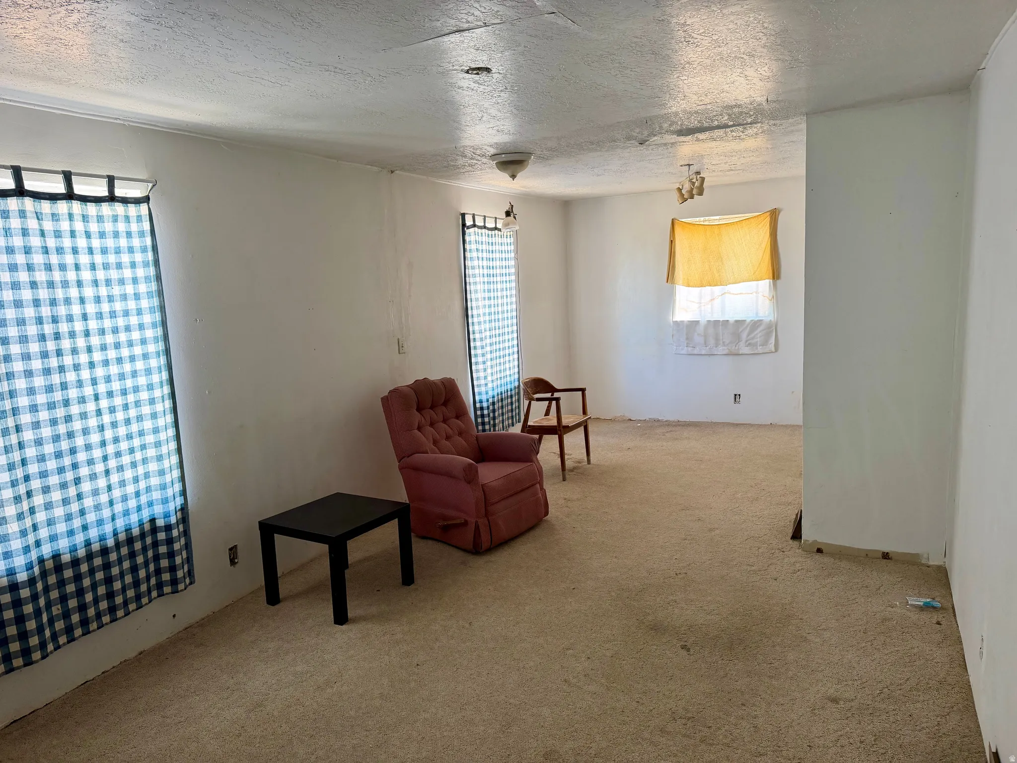 Spacious interior room featuring light-colored carpet flooring and white walls