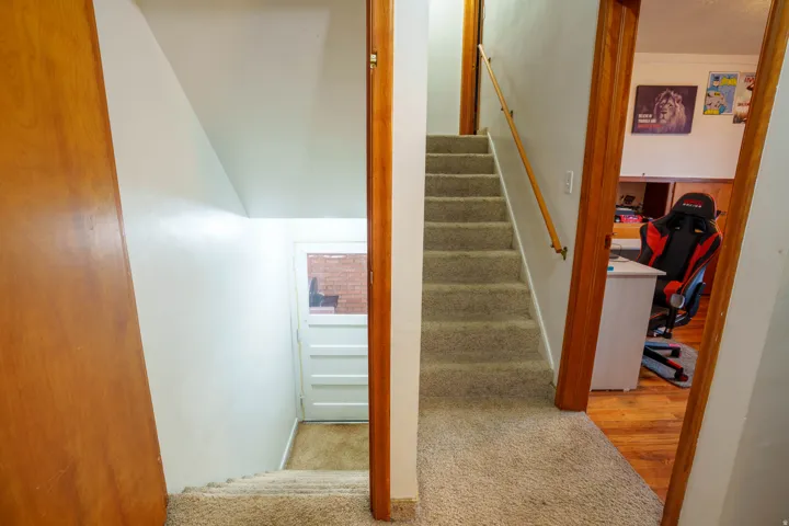 Carpeted staircase with wood handrail and trim