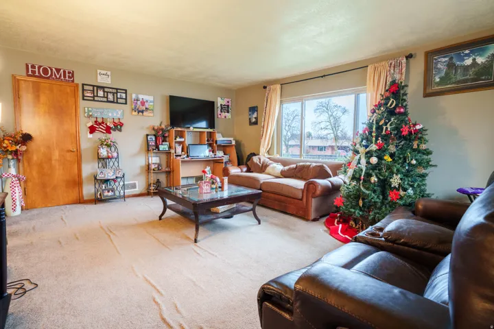 Carpeted living area featuring a large window, a built-in shelving unit, and a solid wood door