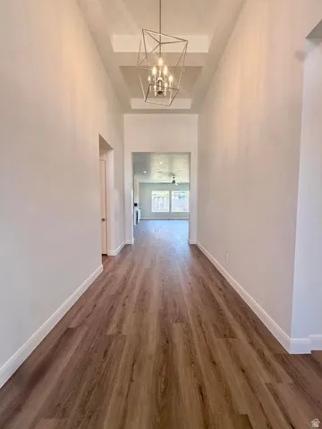 Entry hallway featuring wood-finish flooring, a recessed ceiling with geometric chandelier, and white baseboards