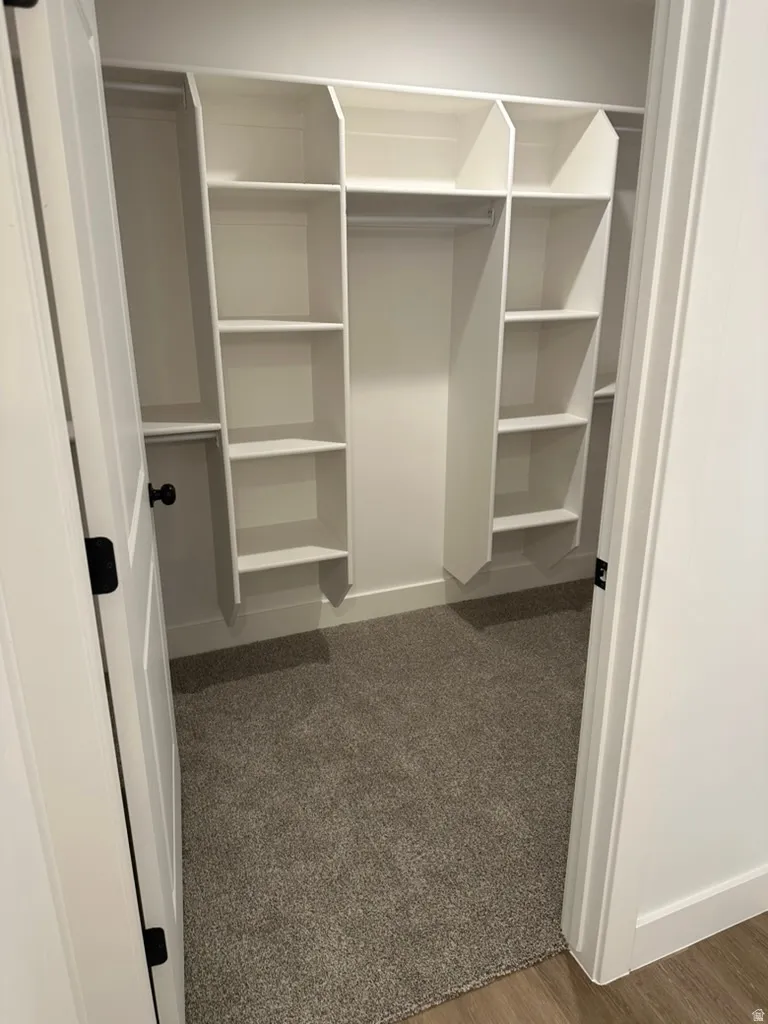 Custom closet system featuring multiple shelving units and hanging rods, plush gray carpeting, and white baseboards