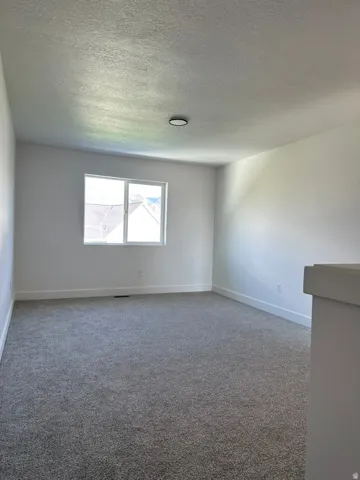 Spacious room featuring neutral carpeting, white walls, a large window, a ceiling-mounted light fixture, and white baseboards
