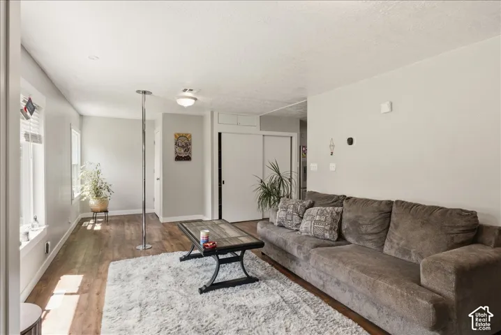 Living area with wood-finish flooring, light grey wall paint, and white trim