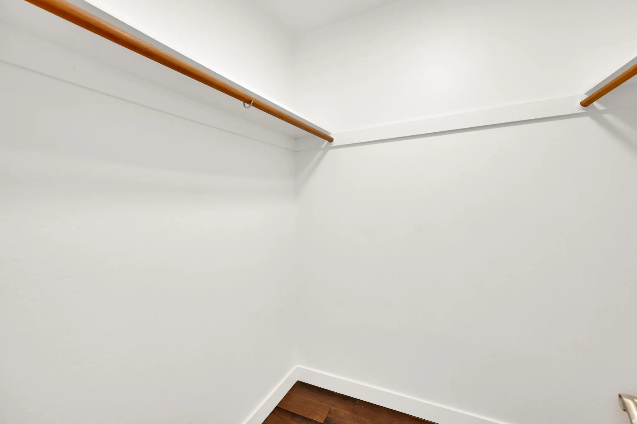 Walk-in closet featuring white walls, white trim, wood-finish flooring, and two wood closet rods