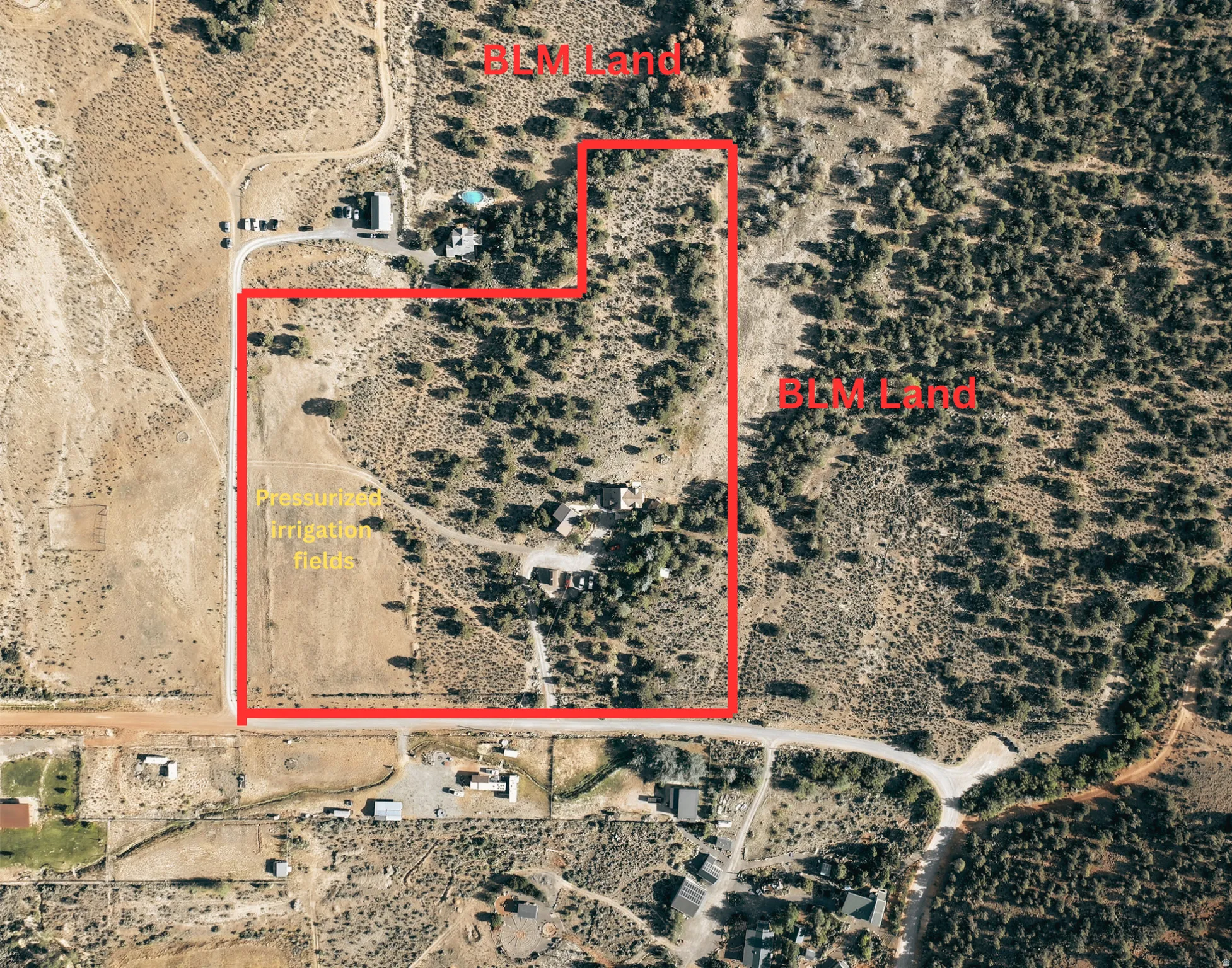 approximate property boundary and surrounding BLM land with identified irrigation fields