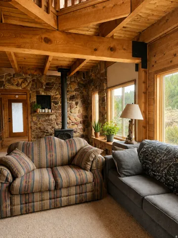 Exposed wood beams and ceiling, stone wall, wood-frame windows, wood-finish flooring in the upper level, and a black wood-burning stove