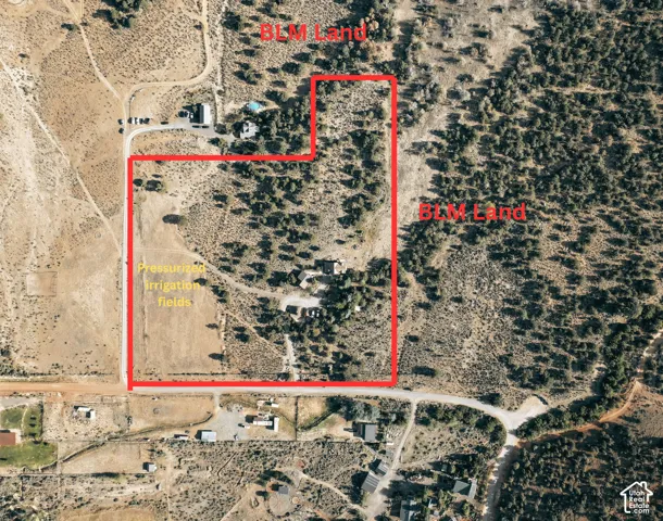 approximate property boundary and surrounding BLM land with identified irrigation fields