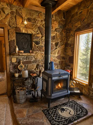 Stone accent wall with a built-in wood stove and exposed wood beam ceiling