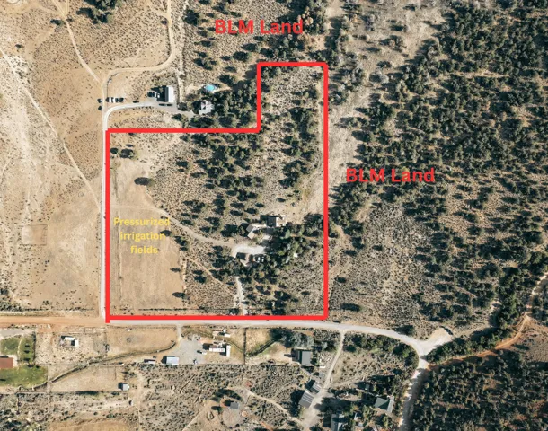 approximate property boundary and surrounding BLM land with identified irrigation fields