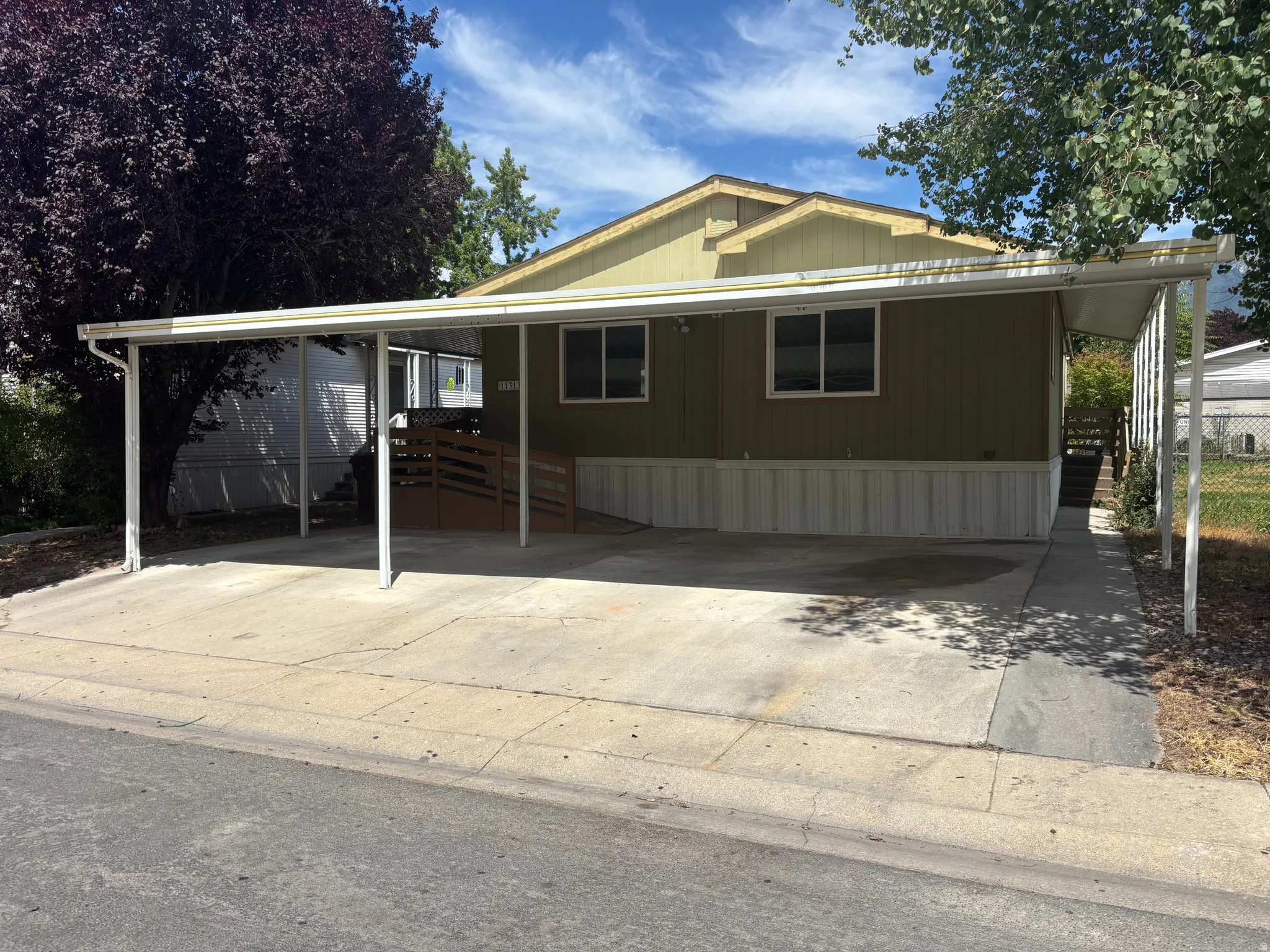 Single-story residence featuring an olive green exterior with white trim, a concrete driveway, and an attached white metal carport