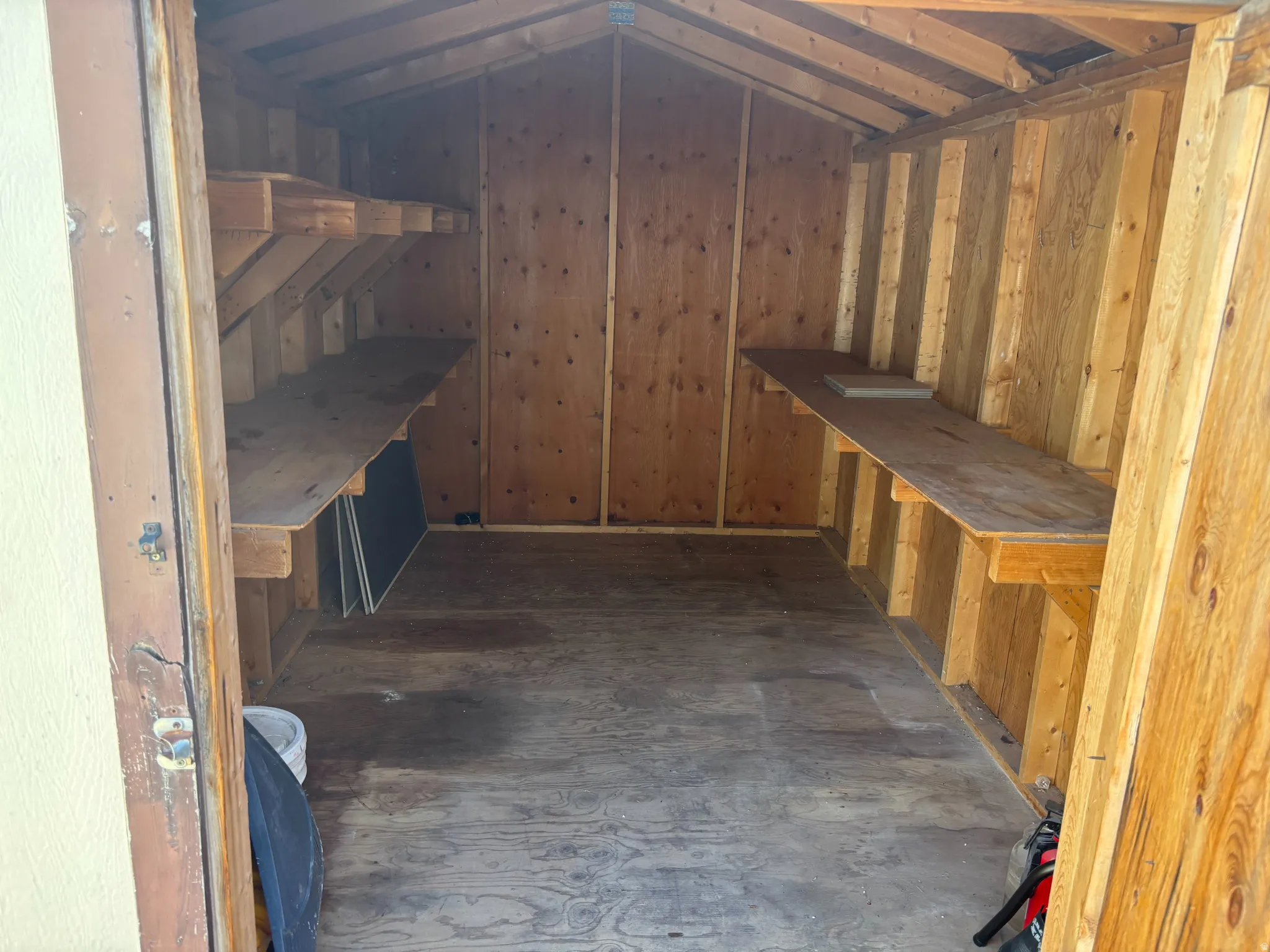 Utility shed interior featuring exposed wood framing, plywood walls, and built-in shelving