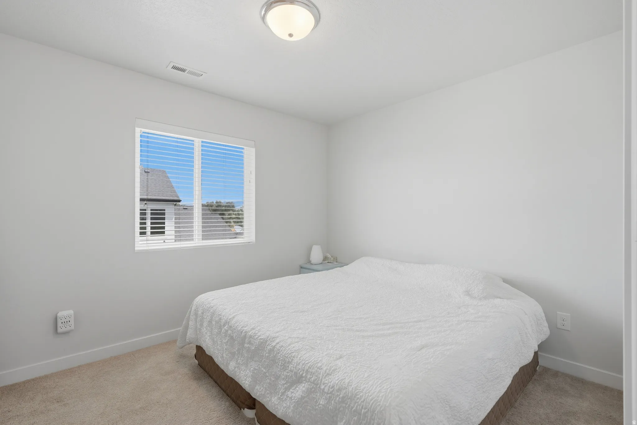Neutral-toned wall paint and carpeting, complemented by a ceiling-mounted light fixture