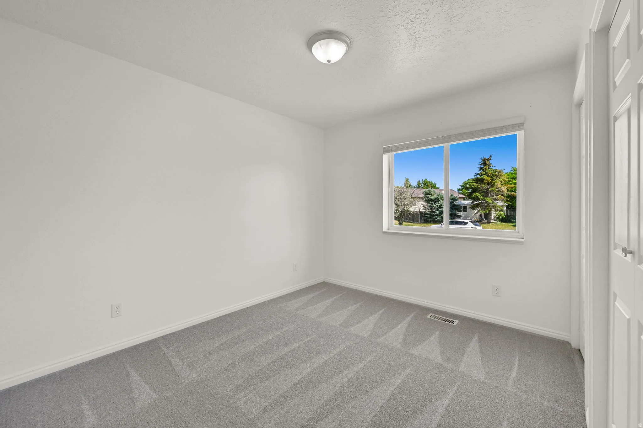 Bright room featuring a prominent window, neutral gray carpeting, white baseboards, and a flush-mount ceiling light fixture