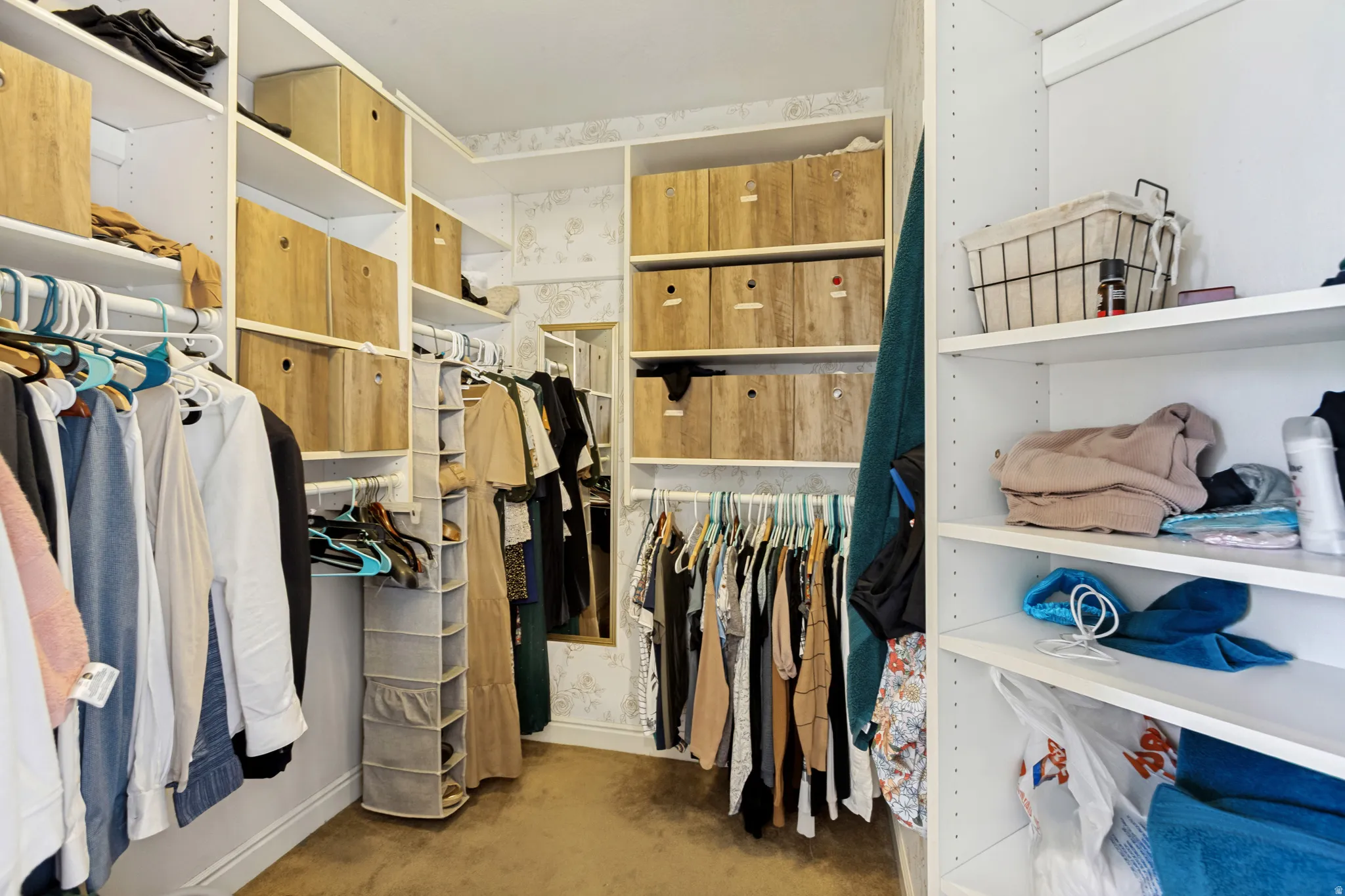 Custom closet system featuring multiple hanging rods, extensive shelving, built-in storage boxes, a full-length mirror, and soft carpet flooring