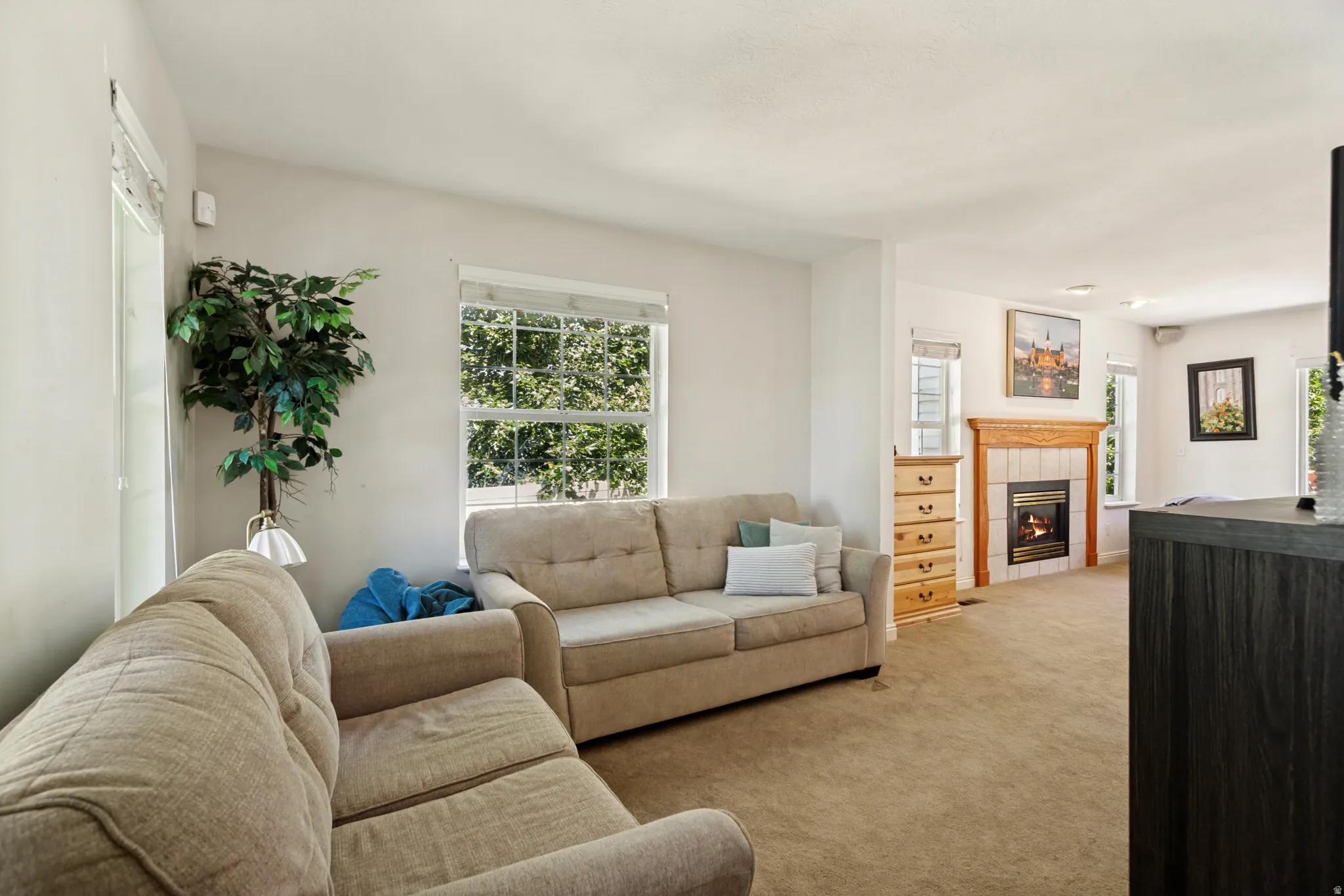 Carpeted living area featuring multiple windows, a light-toned ceiling, and a fireplace with a wood mantle