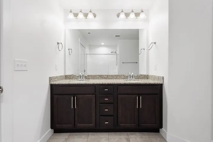 Dual vanity with dark wood-finish cabinetry, granite-style countertop, and dual sinks