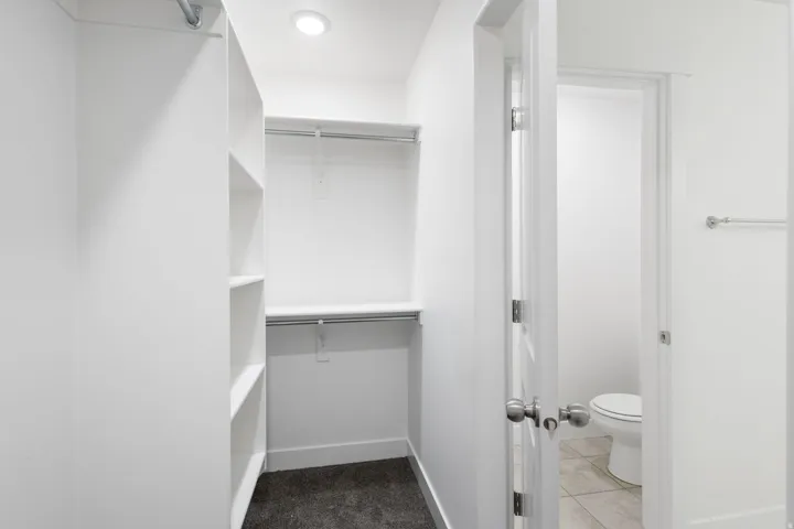 White built-in shelving and hanging rods within a walk-in closet featuring recessed lighting and dark carpet flooring