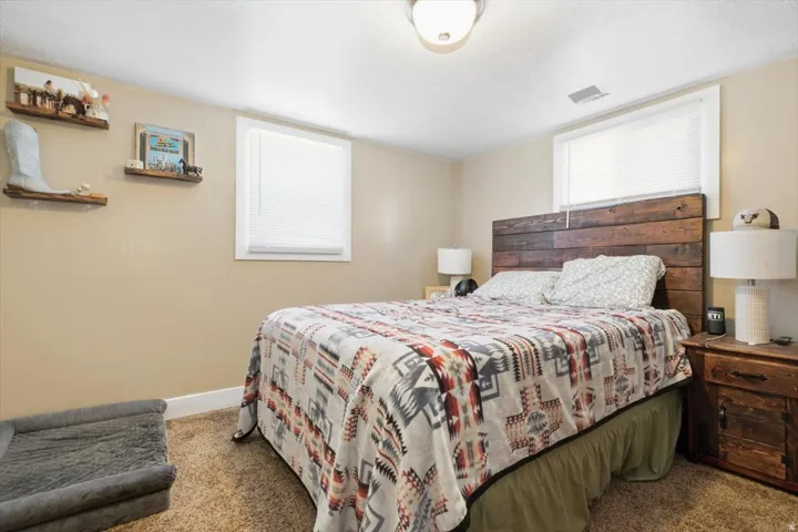Bedroom featuring neutral wall paint, two windows with blinds, a ceiling-mounted light fixture, and carpet flooring