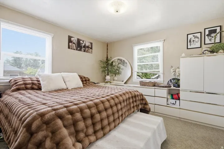 Spacious sleeping area featuring two windows, neutral wall tones, and a ceiling-mounted light fixture