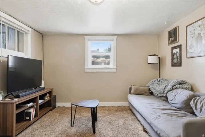 Neutral-toned walls complement the textured carpeting