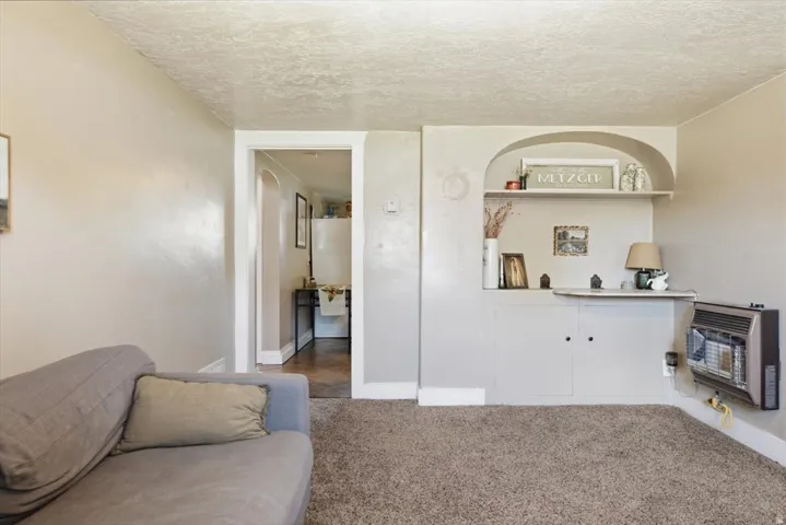 Living area featuring plush carpeting and a built-in arched alcove with shelving and cabinetry