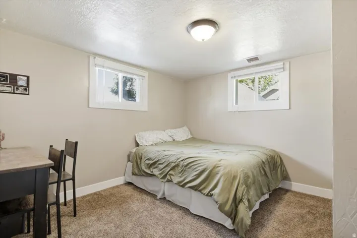 Carpeted room featuring two egress windows, light-toned walls, and a semi-flush mount ceiling light