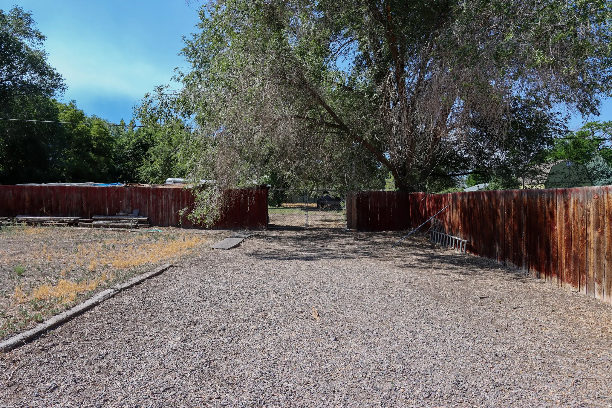 Expansive gravel area bordered by a wood fence and mature trees
