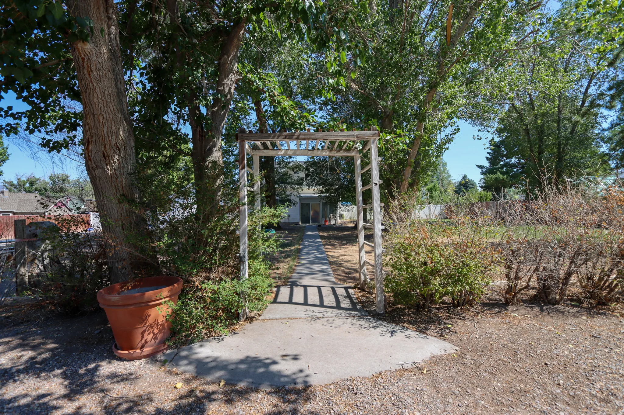 Arbor-covered concrete pathway surrounded by mature trees and varied shrubbery