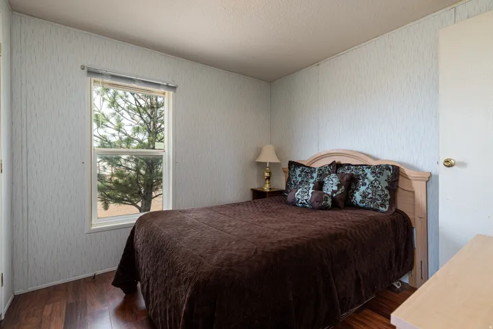 Bedroom featuring wood-finish flooring, a single window with blinds, and light-toned walls
