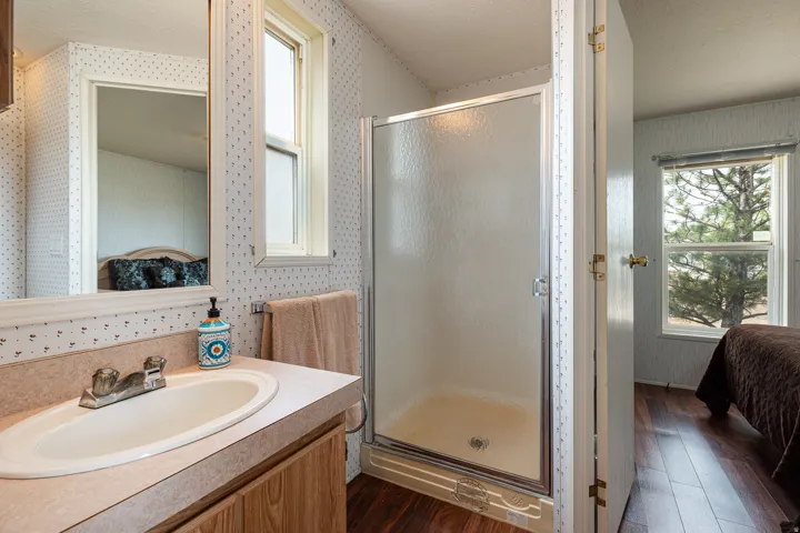 Bathroom featuring a single vanity with an integrated sink, a large wall-mounted mirror, a standing shower enclosure with a frosted glass door, and wood-finish flooring