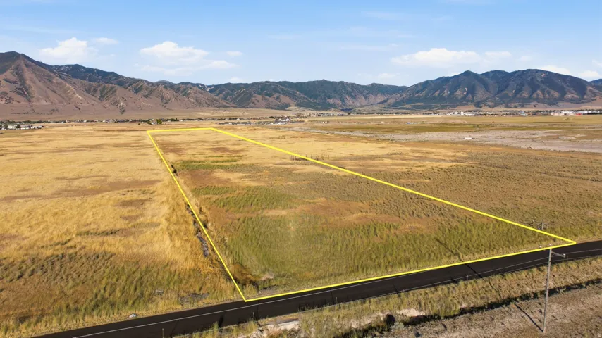 Expansive rural land parcel featuring a paved road frontage, utility pole infrastructure, and a backdrop of distant mountains