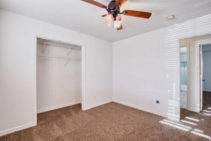 Carpeted room featuring a ceiling fan with light fixture, white walls, and an open closet with wire shelving