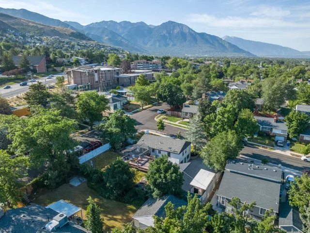 Aerial perspective highlighting a residential neighborhood with mature trees and a distant mountain range