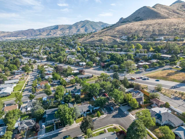 Residential neighborhood featuring mature trees and mountain topography