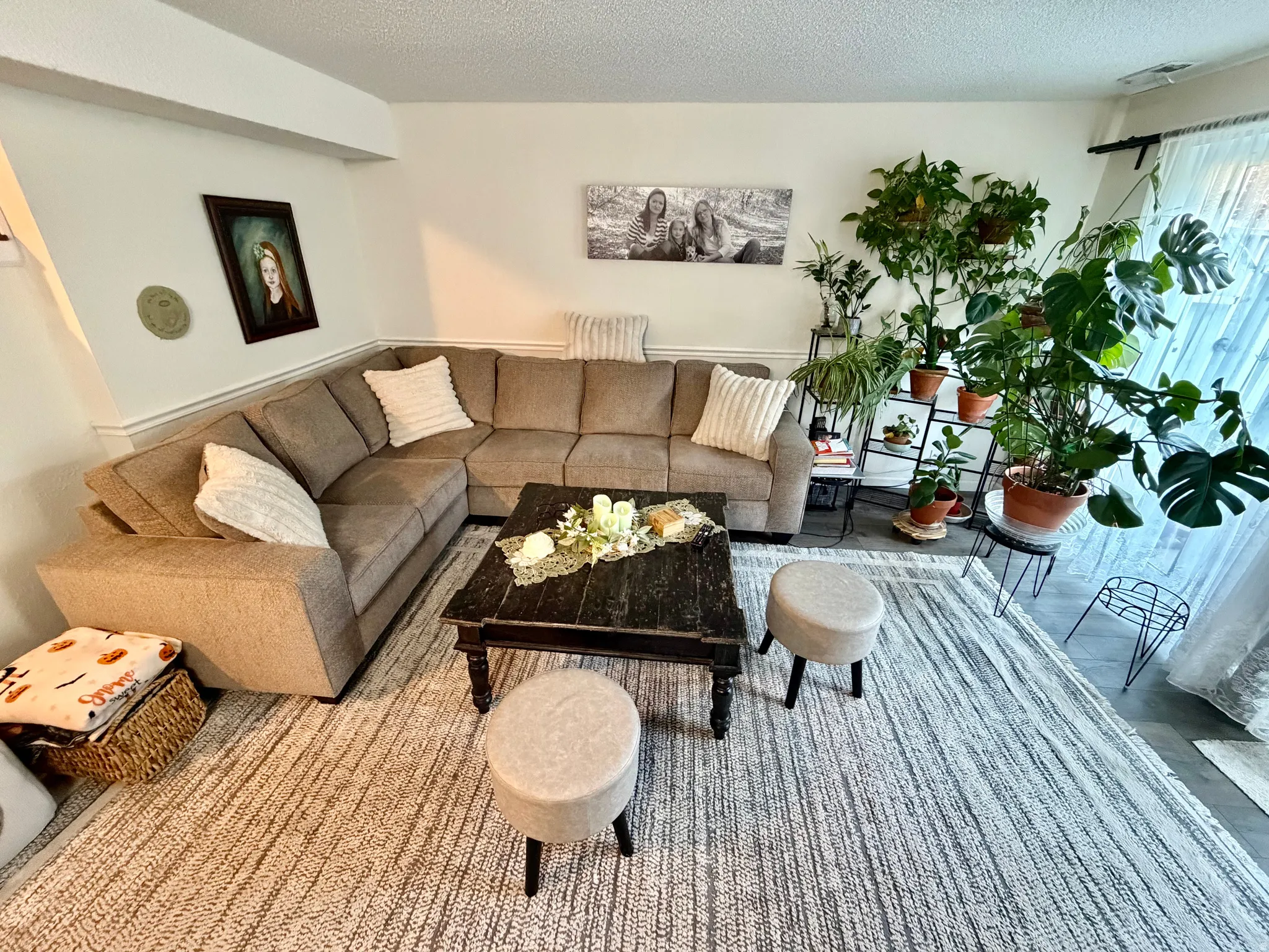 Spacious living area featuring light-toned walls with wainscoting, large L-shaped sectional seating, wood-finish flooring, and a large area rug