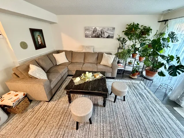 Spacious living area featuring light-toned walls with wainscoting, large L-shaped sectional seating, wood-finish flooring, and a large area rug