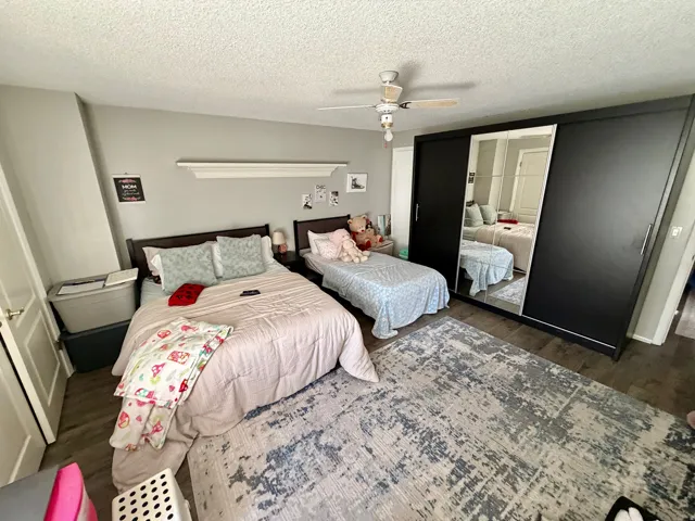 Spacious room with dark wood-finish flooring, light gray walls, and a ceiling fan