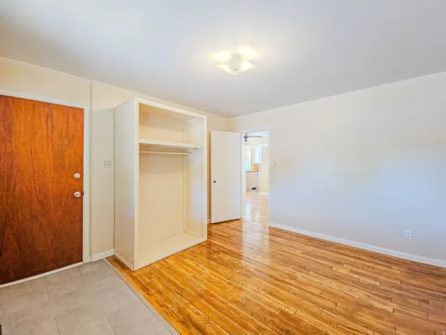 Room featuring wood-finish flooring and a built-in wardrobe with shelving and a hanging rod