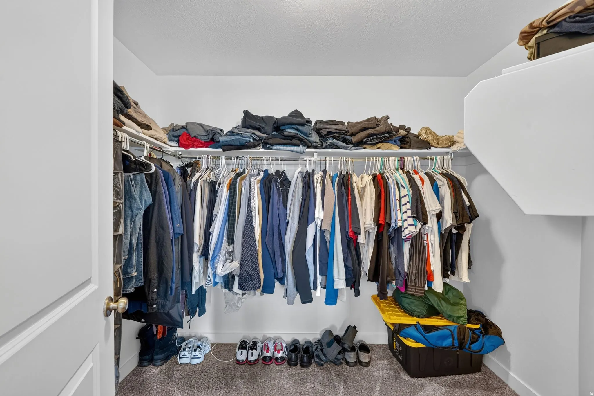 Walk-in closet with carpet flooring, white walls, and built-in shelving