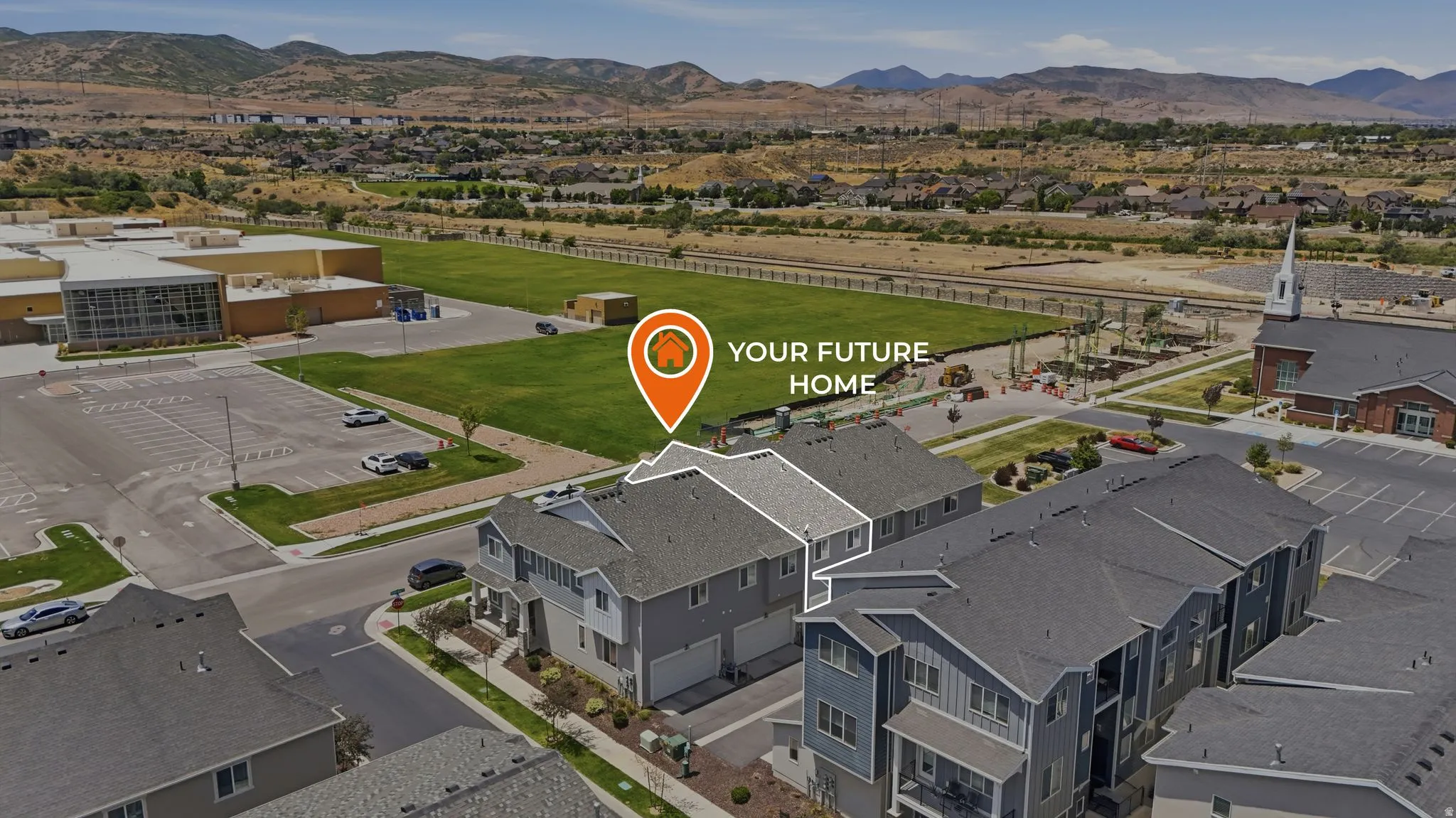 Aerial depiction of a residential property within a community setting