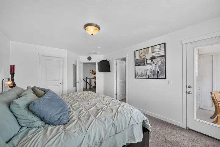Carpeted bedroom featuring a white door, a glass-paneled exterior door, and a semi-flush mount ceiling light