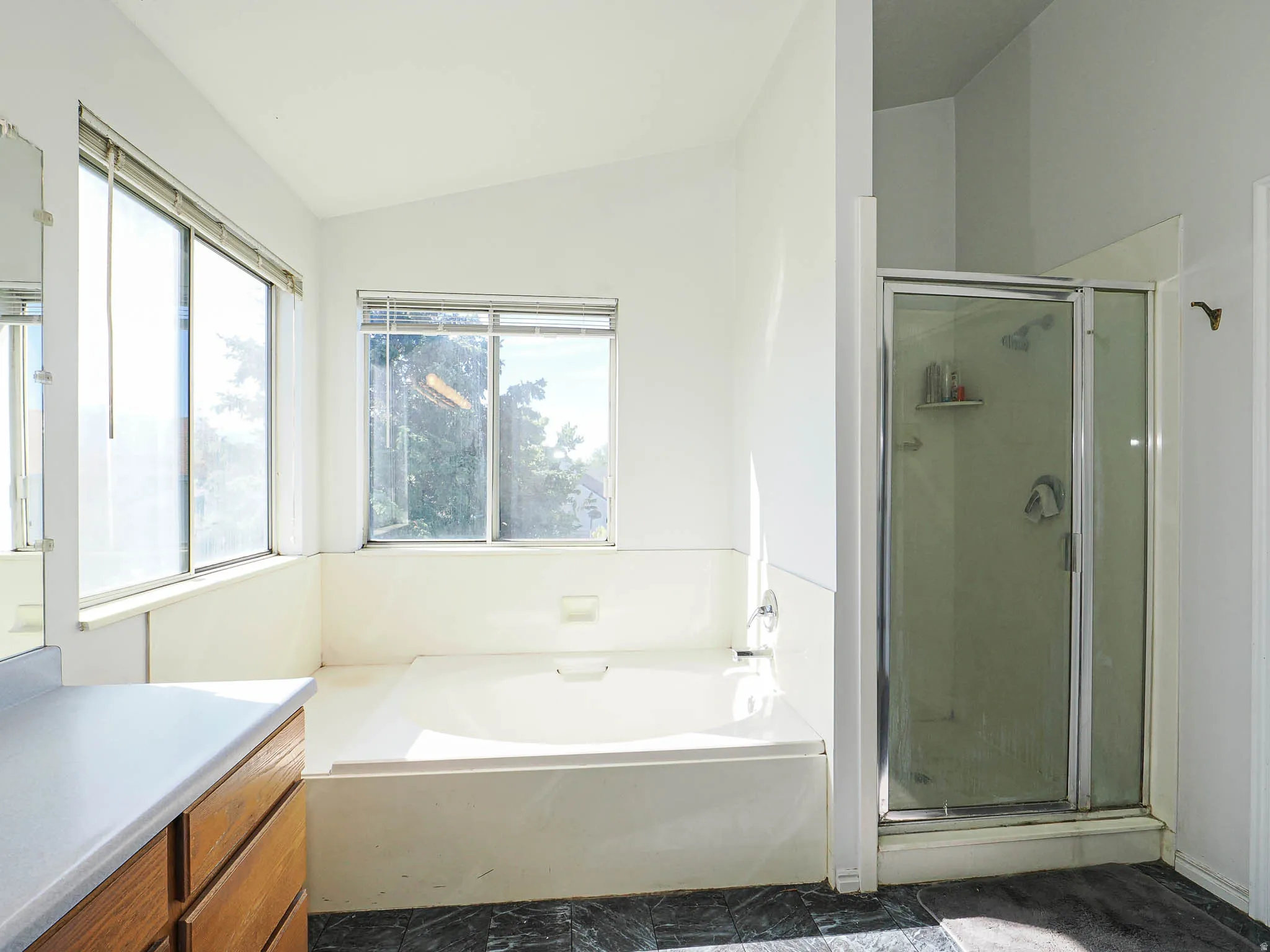 Bathroom featuring an integral soaking tub with windows, a separate glass-enclosed shower, a wood-finish vanity with a light-toned countertop, and dark-toned flooring
