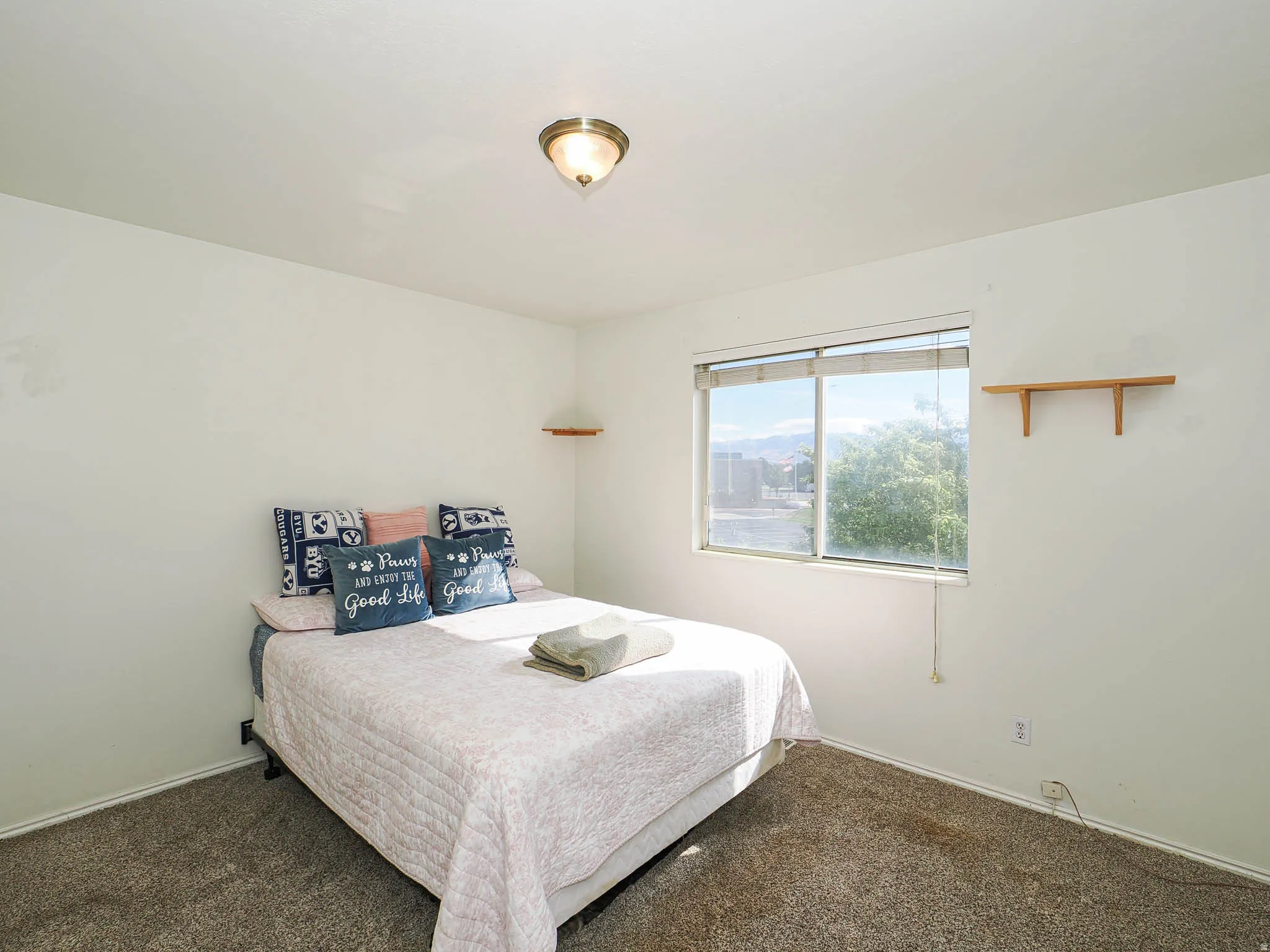 Carpeted room with a ceiling-mounted light fixture, a large window, and two floating wood shelves
