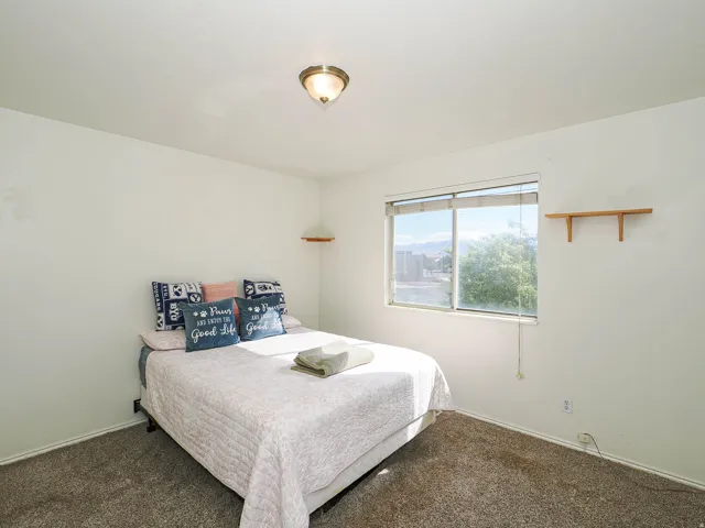 Carpeted room with a ceiling-mounted light fixture, a large window, and two floating wood shelves