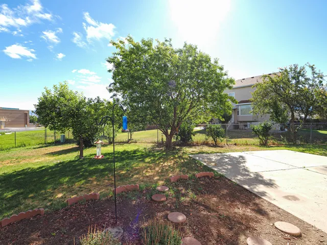 Expansive backyard featuring mature trees, a concrete patio area, and a chain-link fence defining the property perimeter