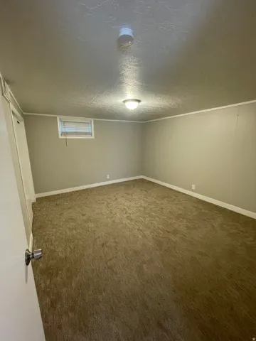 Carpeted room featuring a ceiling-mounted light fixture, a window with horizontal blinds, and baseboard trim